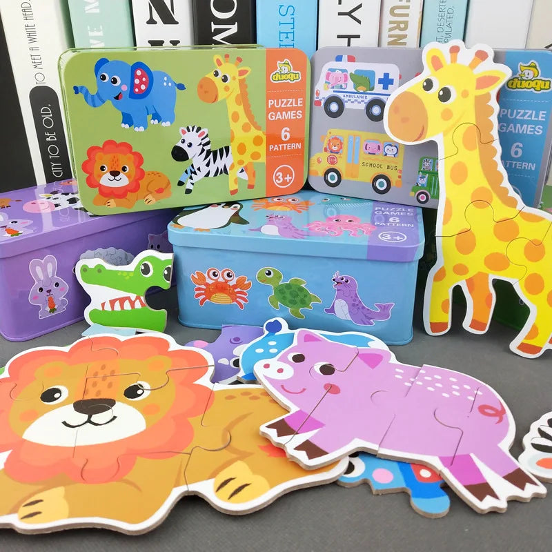 Baby Puzzle Montessori Educational Toys Wood 3D Puzzle Games Iron Box children Puzzles Jigsaw Wooden Puzzles For Kids 2 3 4 Year - Happy Bambino