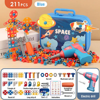 Children DIY Tool Toys Set Electric Drill Screw Nuts 3D Puzzle Toy Pretend Play Tool Kits 2D/3D Educational Toy - Happy Bambino