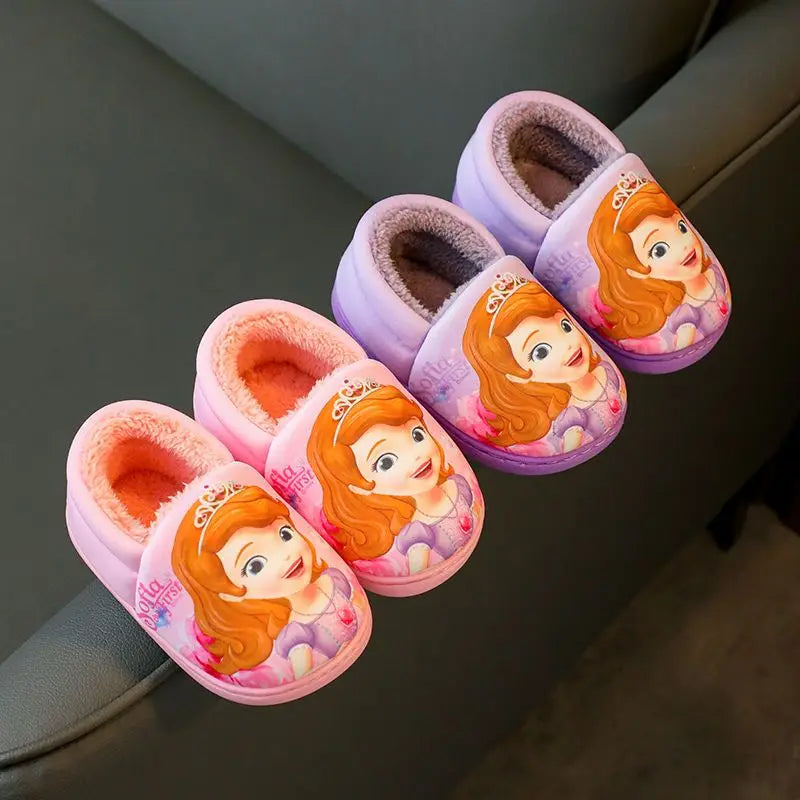 Disney Princess Elsa Winter Children's Heel Cotton Slippers Girls' Warm Frozen Kids' Cotton Black Purple Flats Shoes Size 24-40 - Happy Bambino