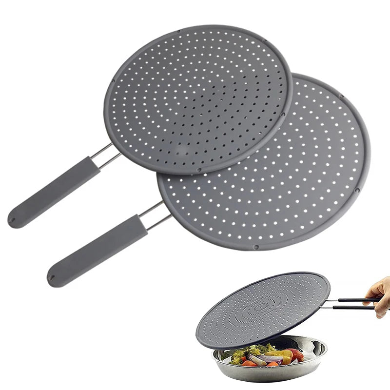 Silicone Kitchen Splatter Screen with Handle Heat-resisting Oil Splash Guard Drain Board Cover Kitchen Frying Pan Lid - Happy Bambino