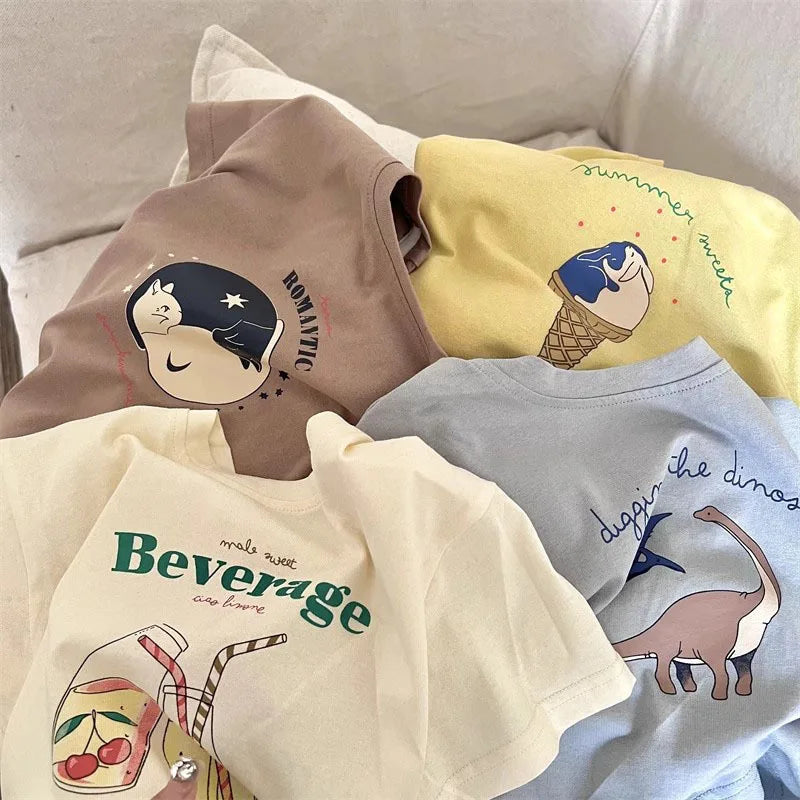Summer Children Boy Short Sleeve Tees Cartoon Print 2-8Yrs Boys T-shirt Loose Colorful Toddler Kid Boy Tops Little Boys Pullover - Happy Bambino