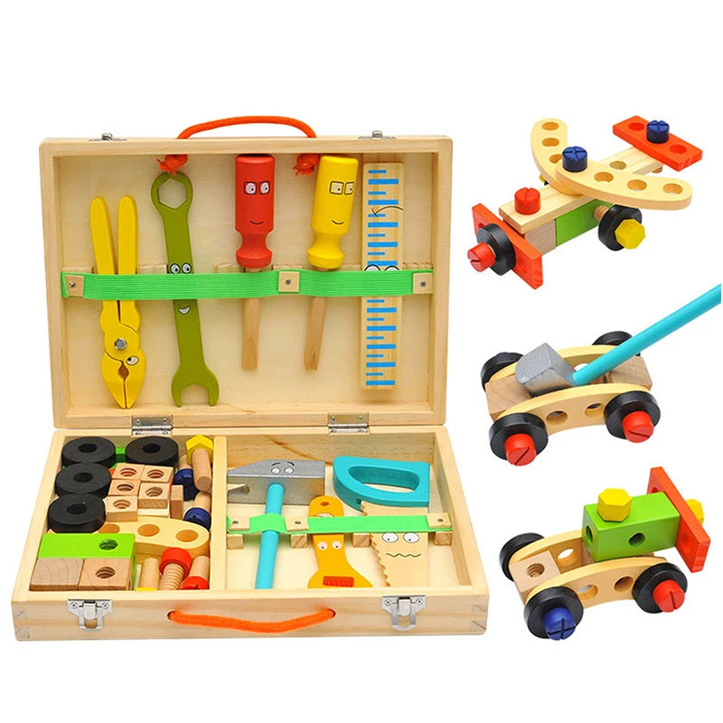 Educational Montessori Kids Toys Plastic Wooden Toolbox Pretend Play Set Children Nut Screw Assembly Simulation Carpenter Tool - Happy Bambino