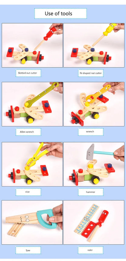Educational Montessori Kids Toys Plastic Wooden Toolbox Pretend Play Set Children Nut Screw Assembly Simulation Carpenter Tool - Happy Bambino