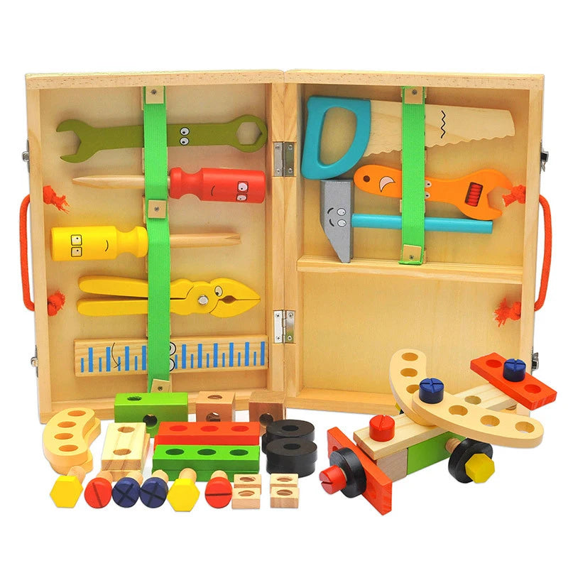 Educational Montessori Kids Toys Plastic Wooden Toolbox Pretend Play Set Children Nut Screw Assembly Simulation Carpenter Tool - Happy Bambino