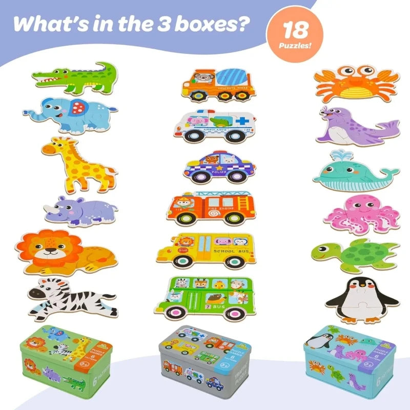 Baby Puzzle Montessori Educational Toys Wood 3D Puzzle Games Iron Box children Puzzles Jigsaw Wooden Puzzles For Kids 2 3 4 Year - Happy Bambino